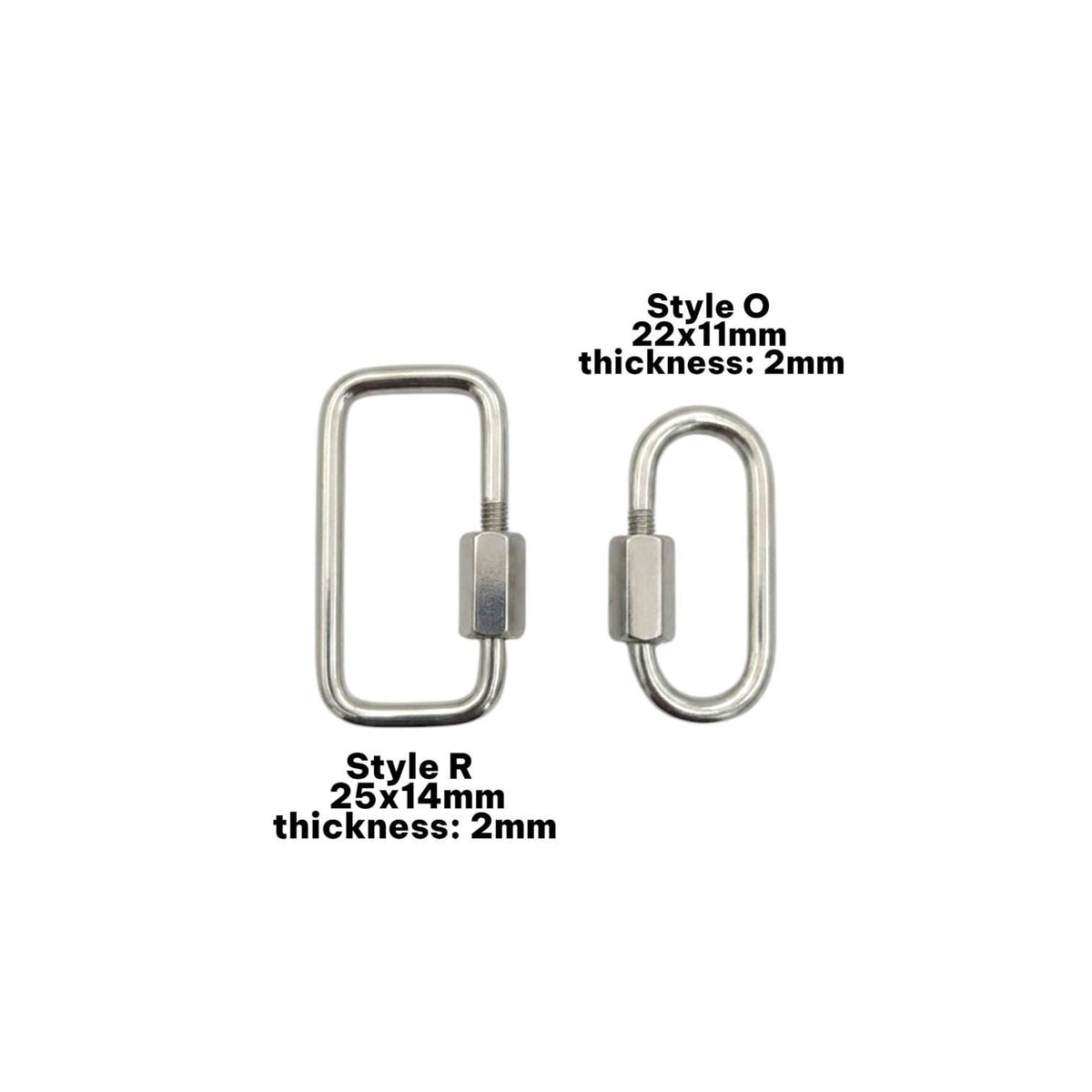 Product measurements graphic showing the oval screw lock clasp at 22x11mm and the rectangle clasp at 25x14mm.