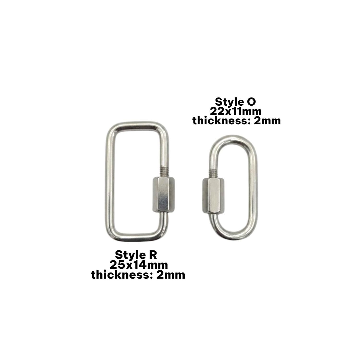 Product measurements graphic showing the oval screw lock clasp at 22x11mm and the rectangle clasp at 25x14mm.