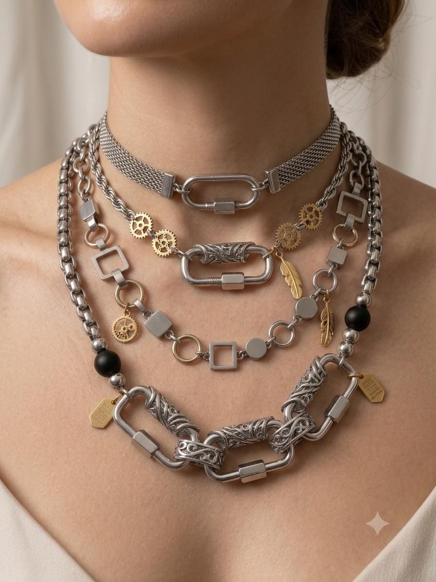 A model wearing multiple layered silver stainless steel chains secured together with a heavy-duty carabiner-style screw lock clasp.