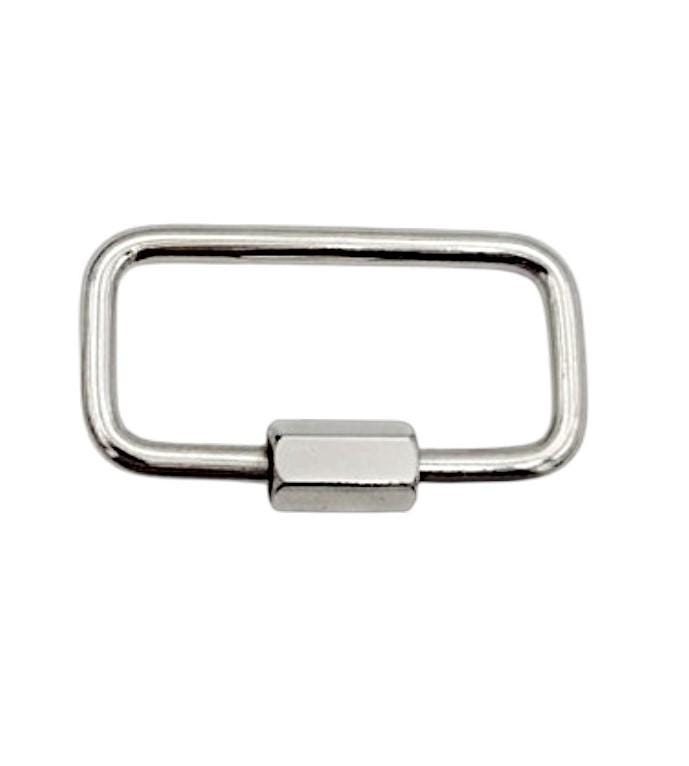 A detailed close-up of a single oval stainless steel carabiner clasp, highlighting the secure threaded screw gate closure mechanism