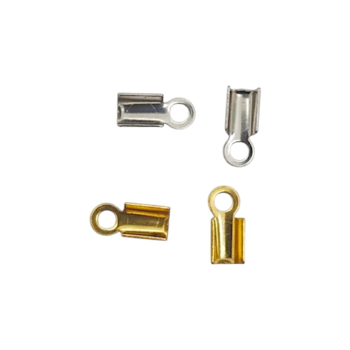 Two pairs of fold-over crimp end caps for jewelry making, shown in both sleek silver stainless steel and polished premium gold finishes, featuring open U-channels and sturdy top loops.