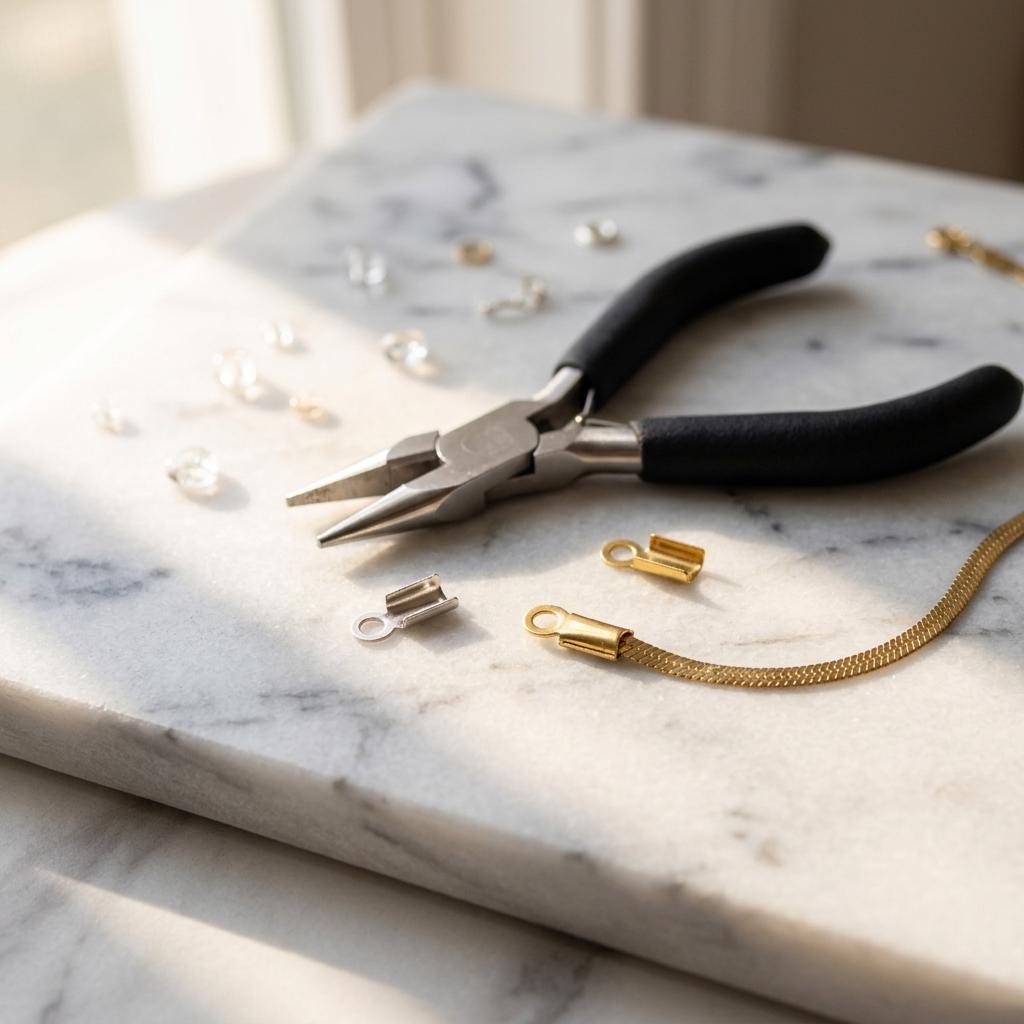 Hands using flat-nose pliers to firmly fold down the sides of a silver stainless steel U-channel end cap onto a piece of black leather cord.
