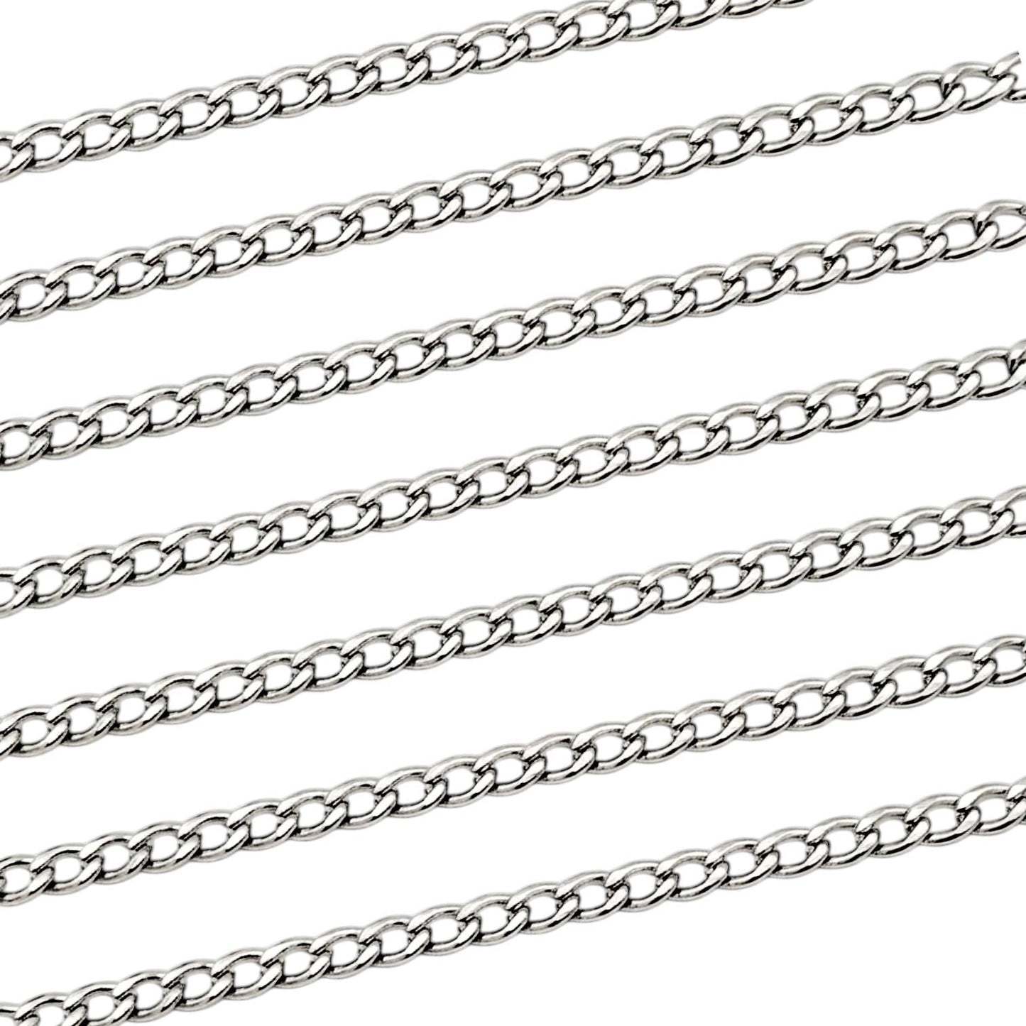 Close-up view of multiple parallel strands of a shiny 3mm silver stainless steel curb chain against a clean white background.