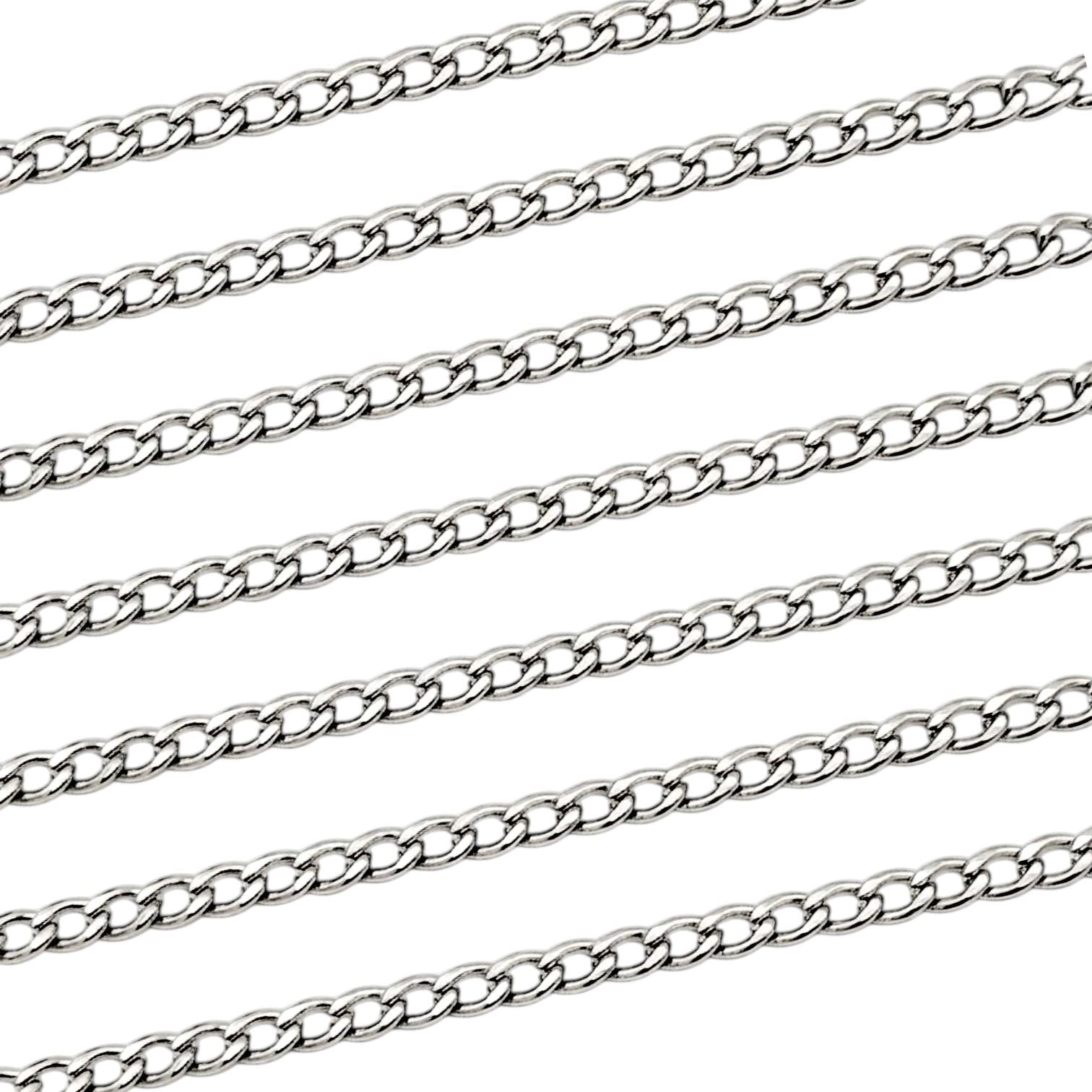 Close-up view of multiple parallel strands of a shiny 3mm silver stainless steel curb chain against a clean white background.