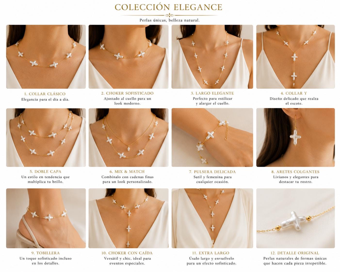 Gold stainless steel jewelry chain with white artificial cross pearl beads, sold by the yard or 10 yards for necklace, bracelet, rosary, and DIY jewelry making.