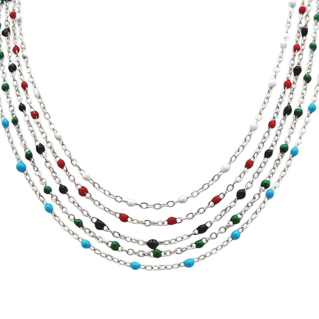 Five parallel strands of 2mm silver stainless steel satellite chains with colorful enamel beads in red, blue, white, green, and black against a white background.