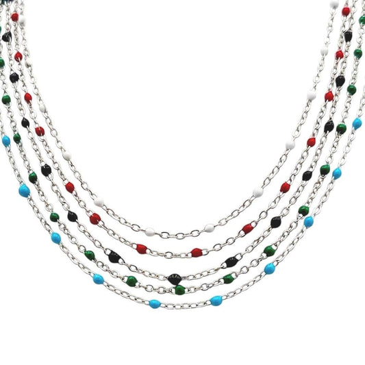 Five parallel strands of 2mm silver stainless steel satellite chains with colorful enamel beads in red, blue, white, green, and black against a white background.