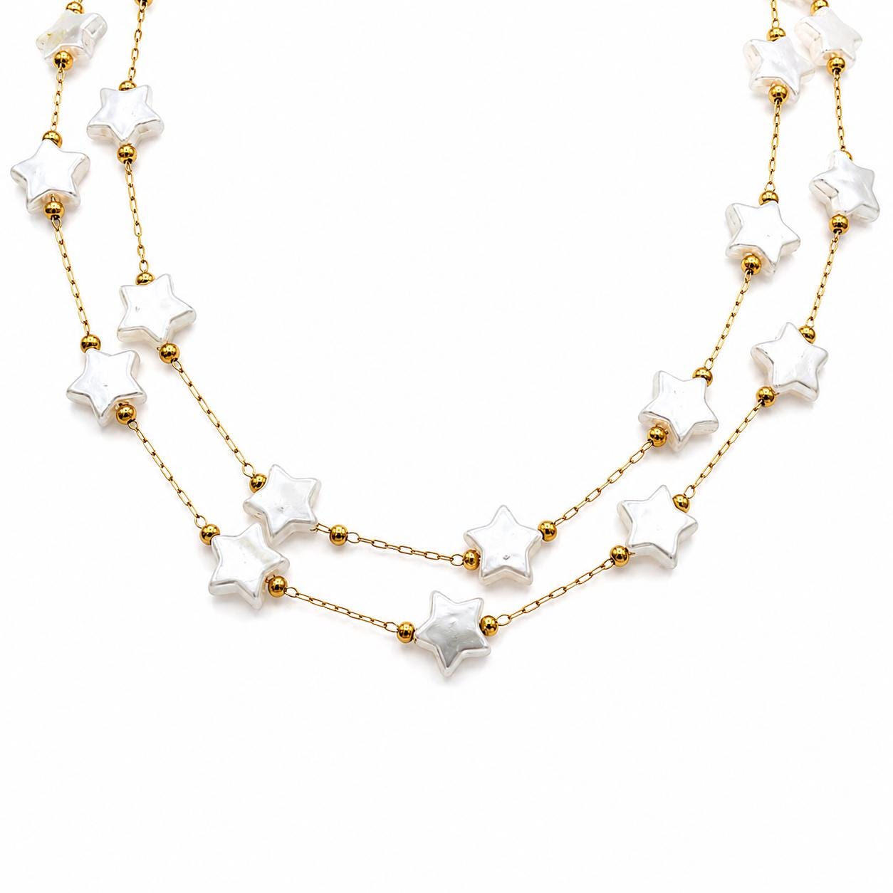 Gold stainless steel chain with white artificial star pearls displayed on a clean white background.