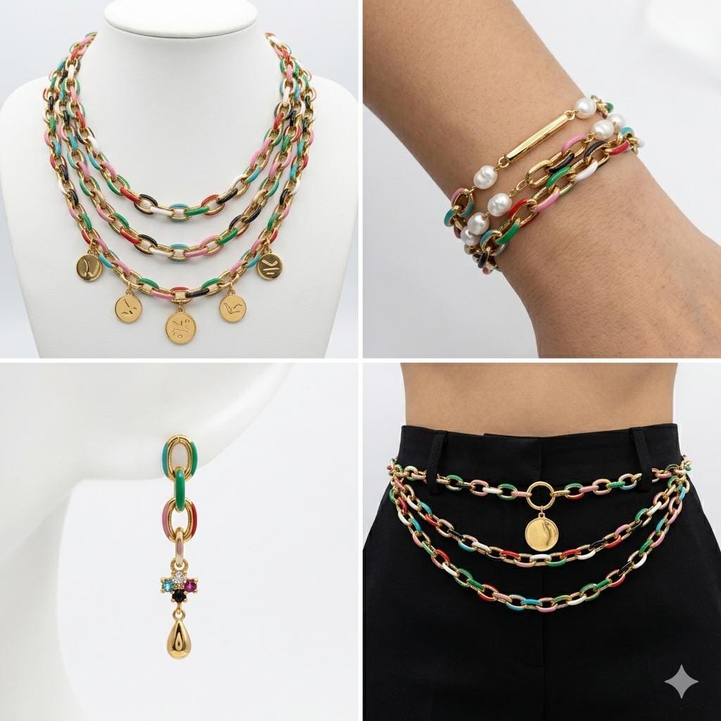 Bold rainbow enamel stainless steel chain featuring decorative gold oval links