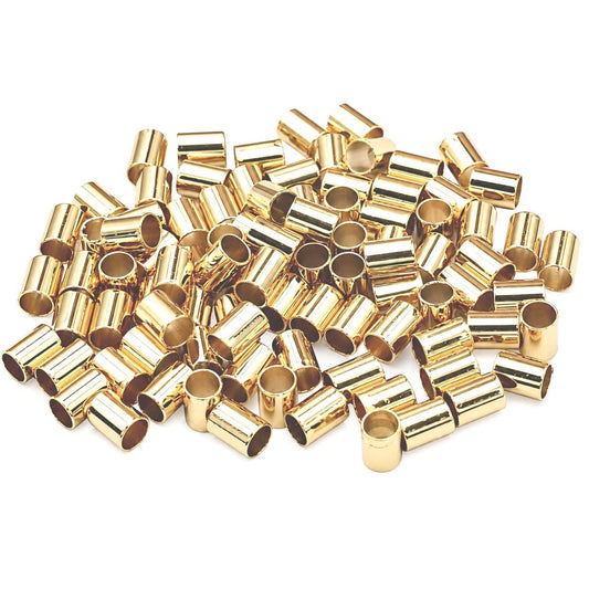 Gold filled alternative crimp beads in four sizes 2x2mm, 2x3mm, 3x4mm, and 4x4mm for jewelry making, bracelet, necklace, and beading projects sold by 100 pieces.