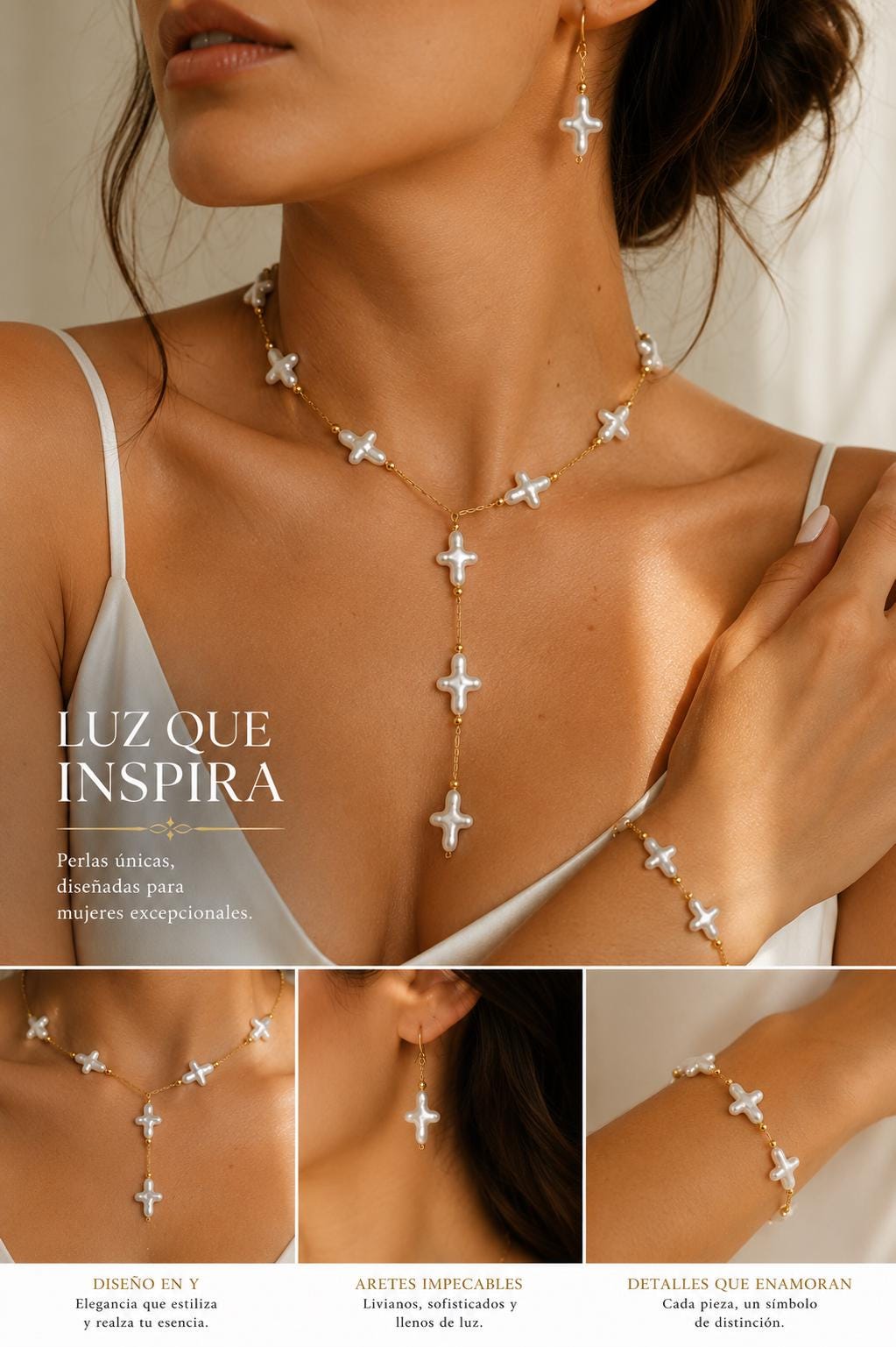 Gold stainless steel jewelry chain with white artificial cross pearl beads, sold by the yard or 10 yards for necklace, bracelet, rosary, and DIY jewelry making.