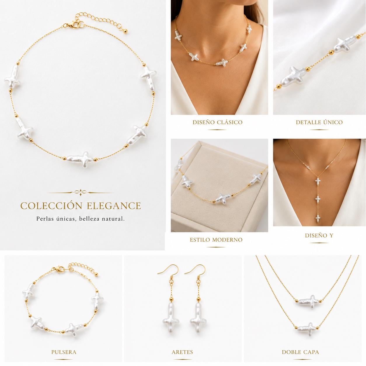 Gold stainless steel jewelry chain with white artificial cross pearl beads, sold by the yard or 10 yards for necklace, bracelet, rosary, and DIY jewelry making.