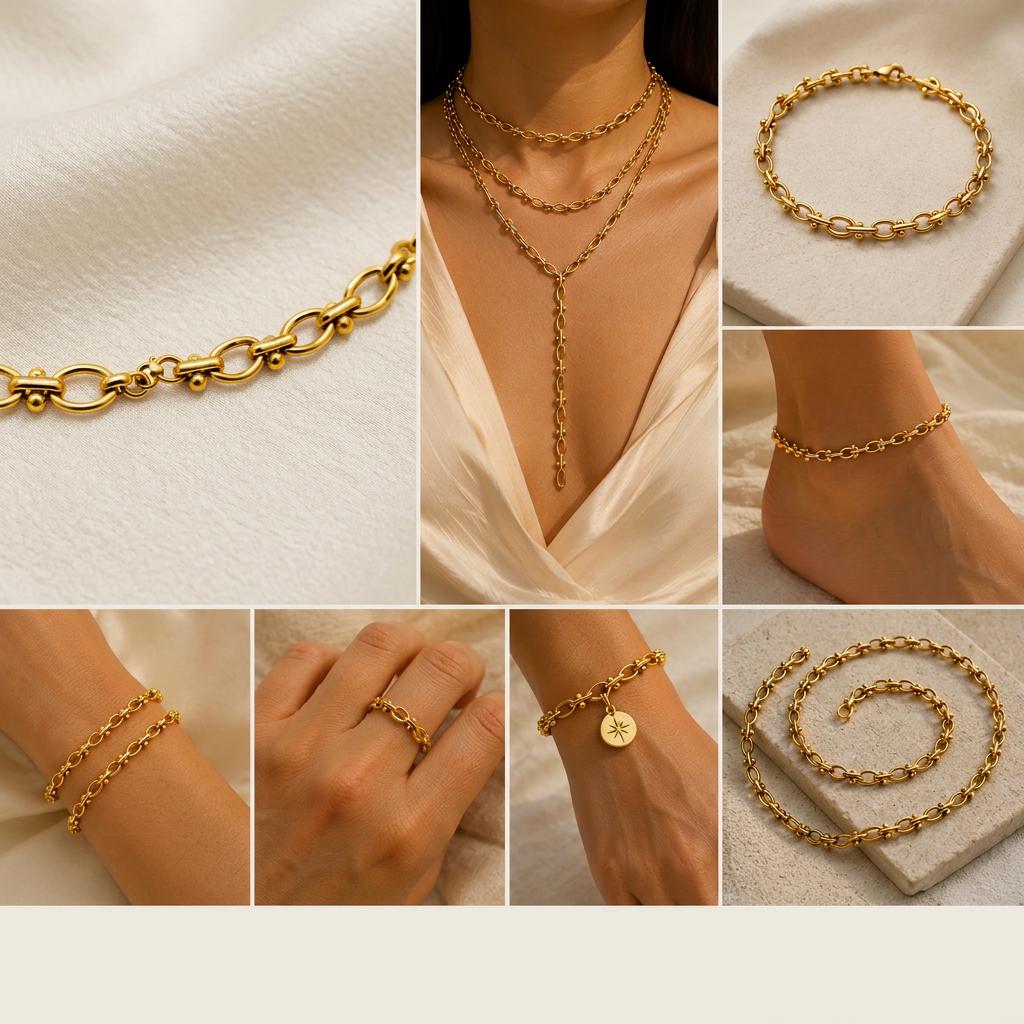 Gold oval bar bead chain for DIY jewelry supplies and handmade accessories.