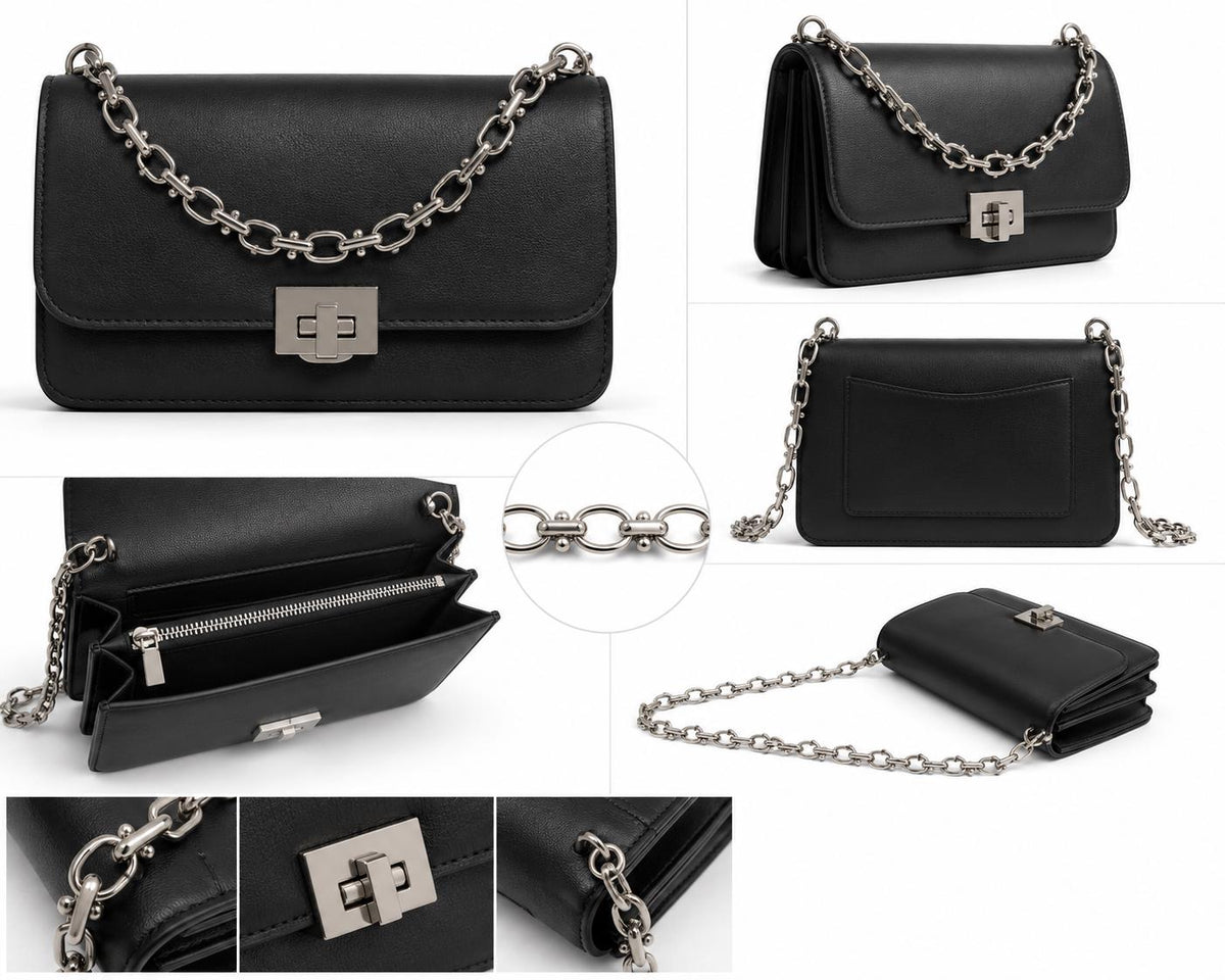Modern silver oval chain with decorative spacer bars and bead details