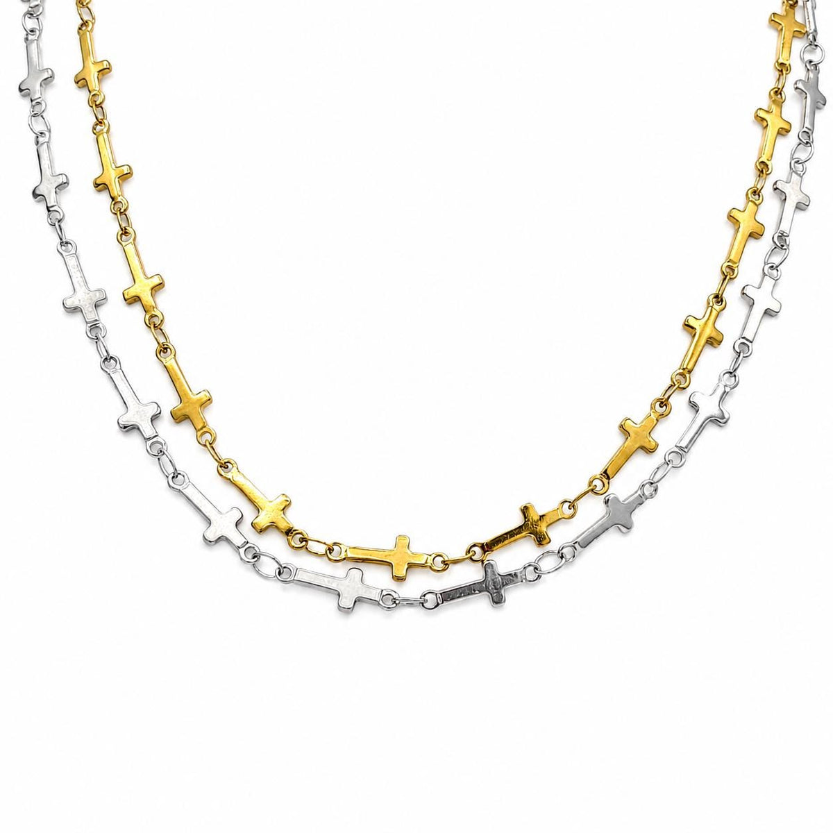 Stainless steel rosary-style link chain with repeating cross connectors in gold and silver finishes layers