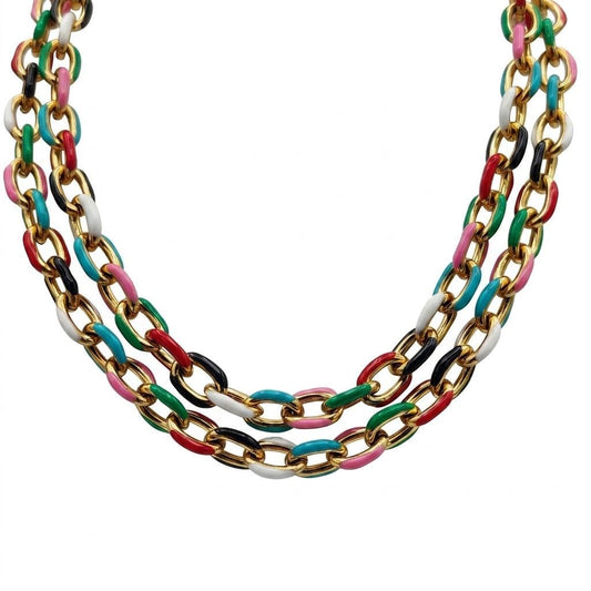 Multicolor enamel stainless steel oval link chain with polished gold-tone finish
