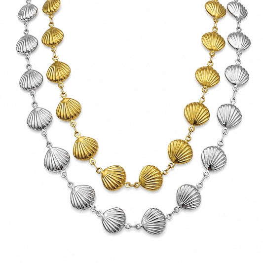 Gold and silver stainless steel shell chain displayed in layered loops on a white background