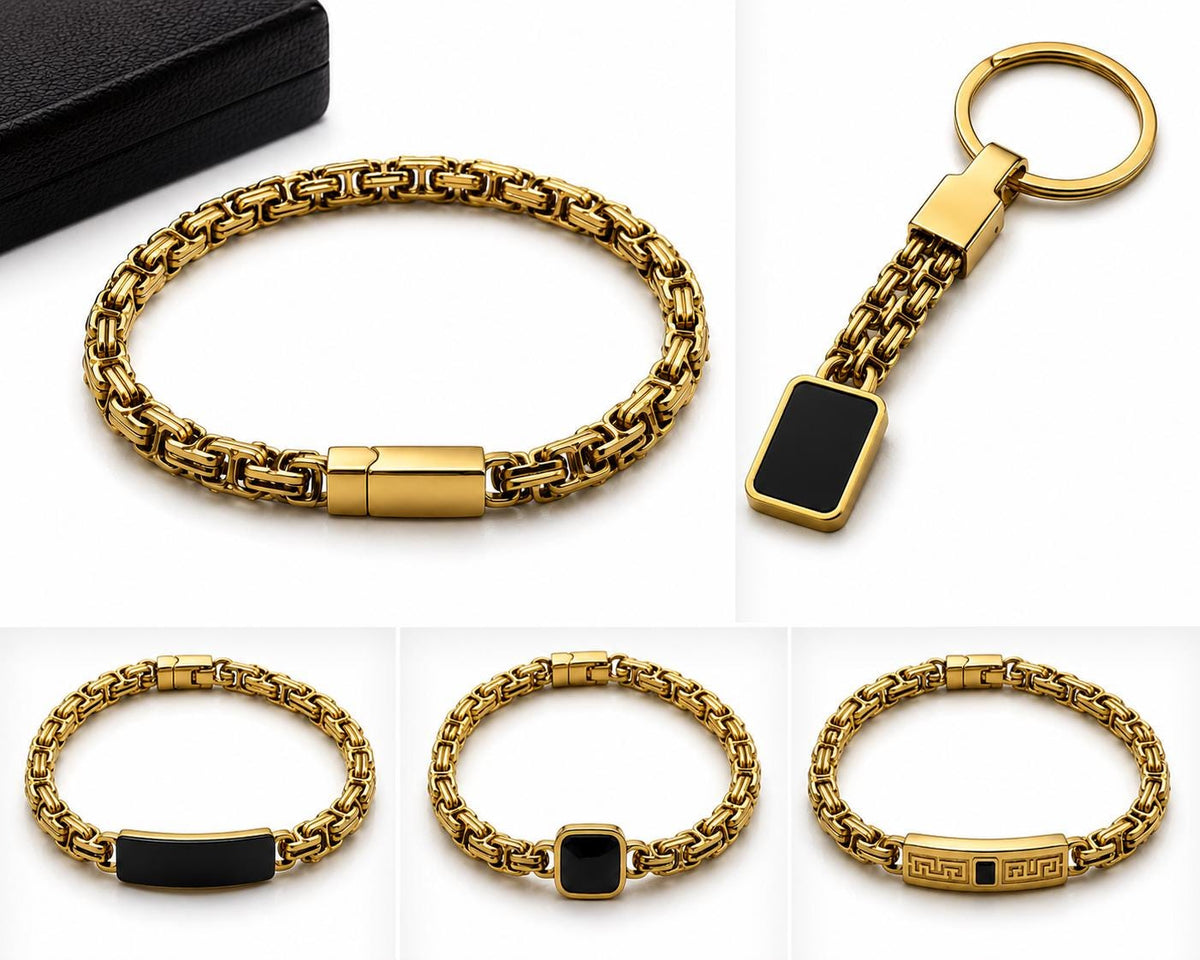 Gold stainless steel jewelry chain with bold woven Byzantine-style links