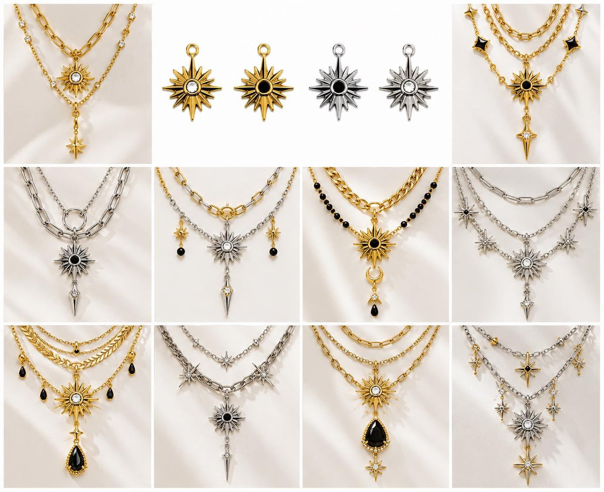 Gold starburst charm with clear crystal center and top loop for necklace or earring designs