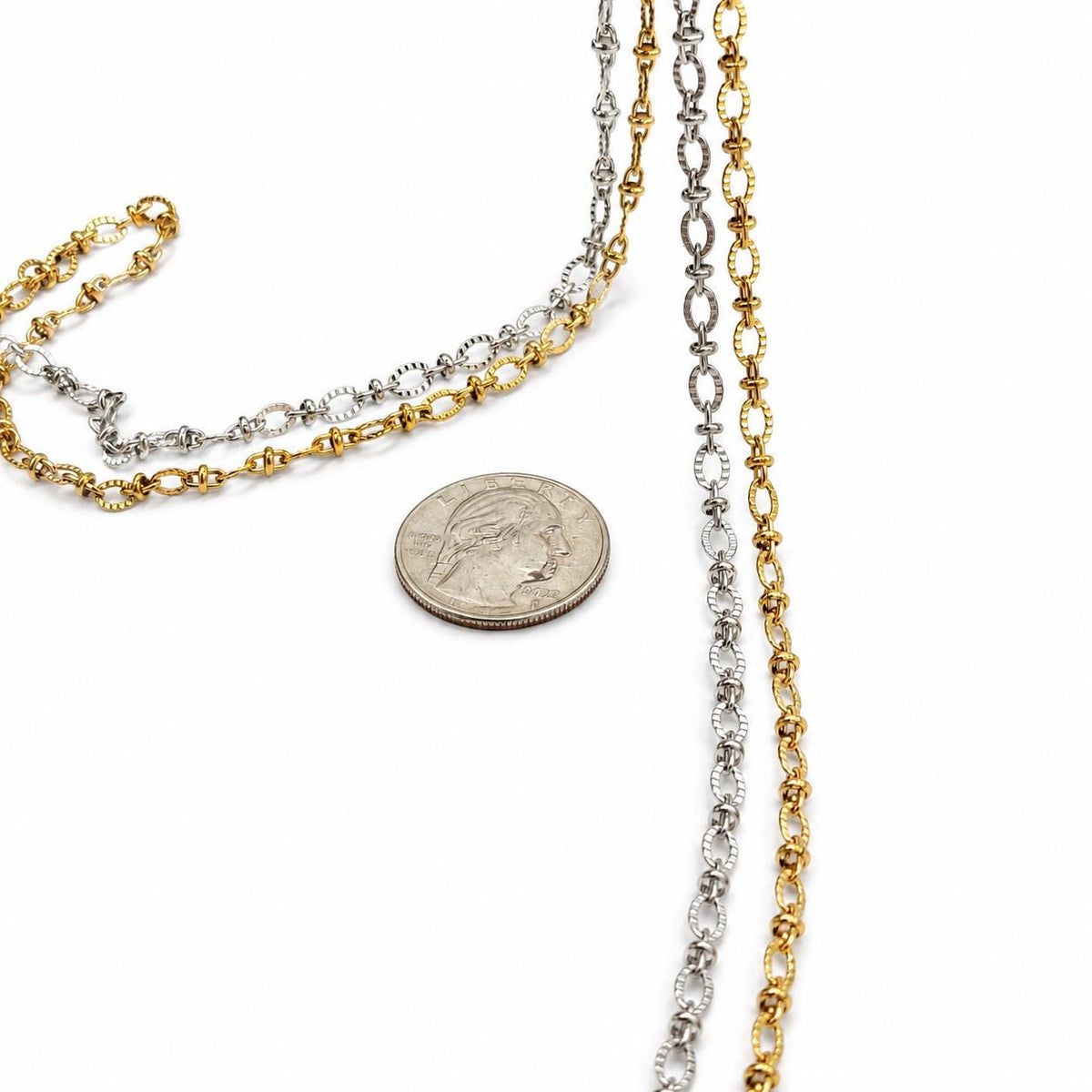 Gold stainless steel chain and silver stainless steel chain with elegant oval links by roll and yard