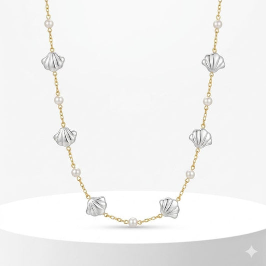 Gold stainless steel chain with artificial pearls and silver shell-shaped accents