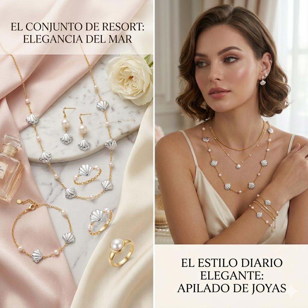 Gold link chain decorated with silver seashell charms and artificial white pearls