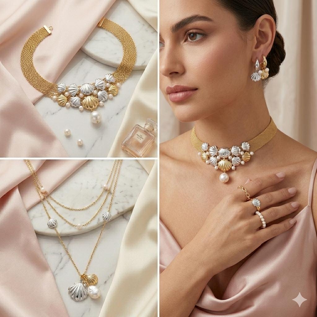 Gold link chain decorated with silver seashell charms and artificial white pearls