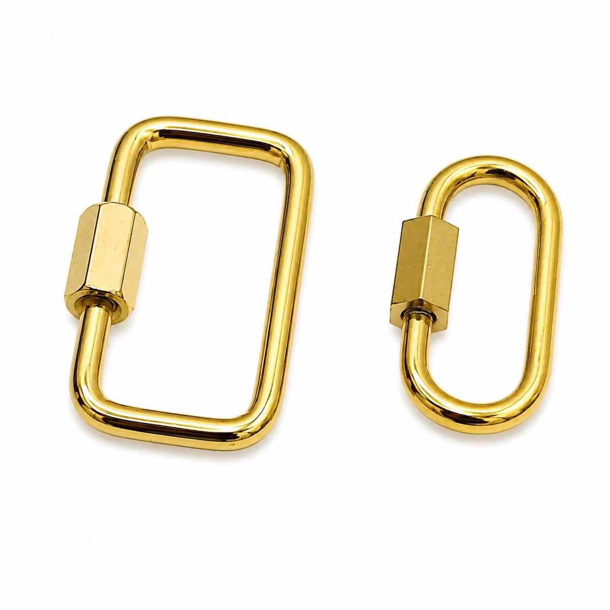 Gold stainless steel screw lock clasp in rectangle and oval shapes on a white background