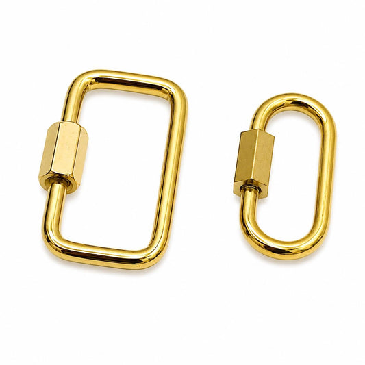 Gold stainless steel screw lock clasp in rectangle and oval shapes on a white background