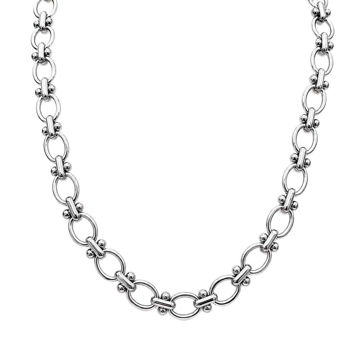 Silver stainless steel oval link chain displayed in a curved necklace-style layout on a white background