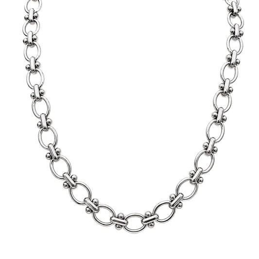 Silver stainless steel oval link chain displayed in a curved necklace-style layout on a white background