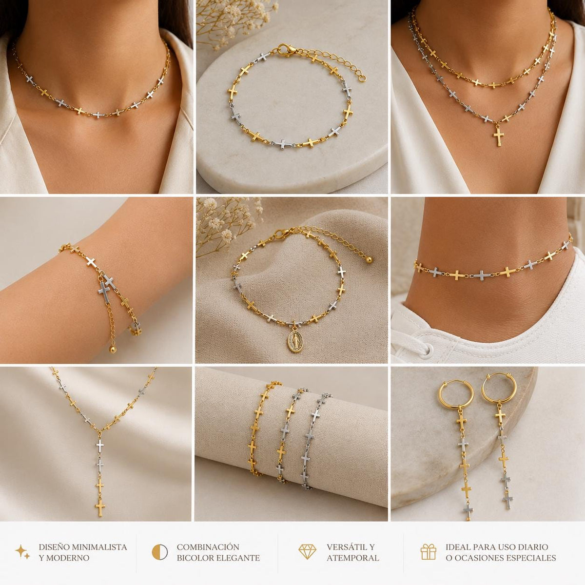 Decorative cross link jewelry chain in polished gold and silver stainless steel