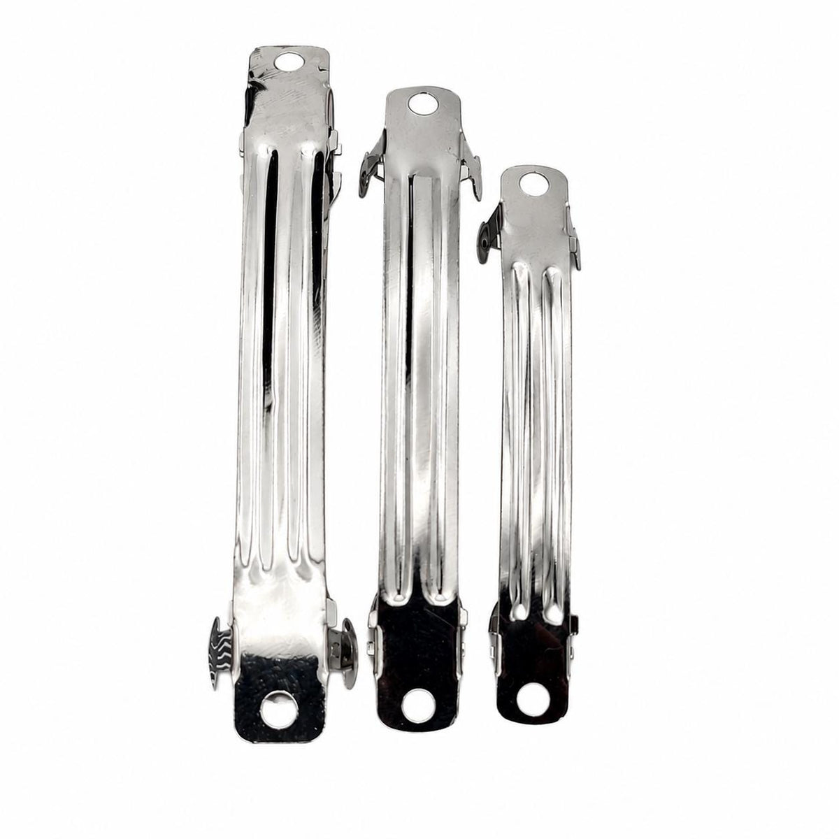 Silver metal alligator hair clips in 58mm, 68mm, and 78mm sizes displayed on a white background