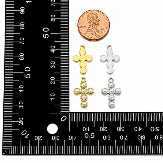 Front and back view of stainless cross charms in gold and silver colors