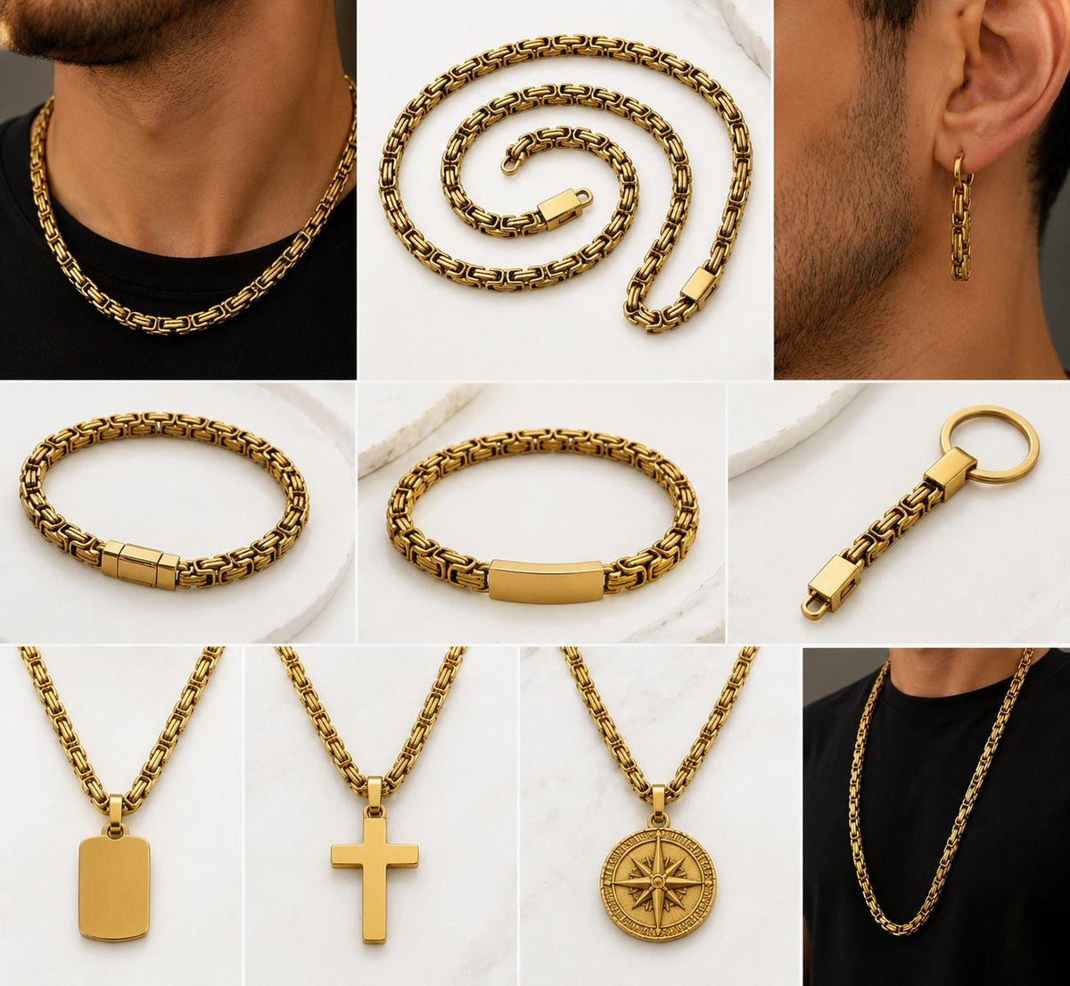 Close-up of gold stainless steel chain on a clean white jewelry display background