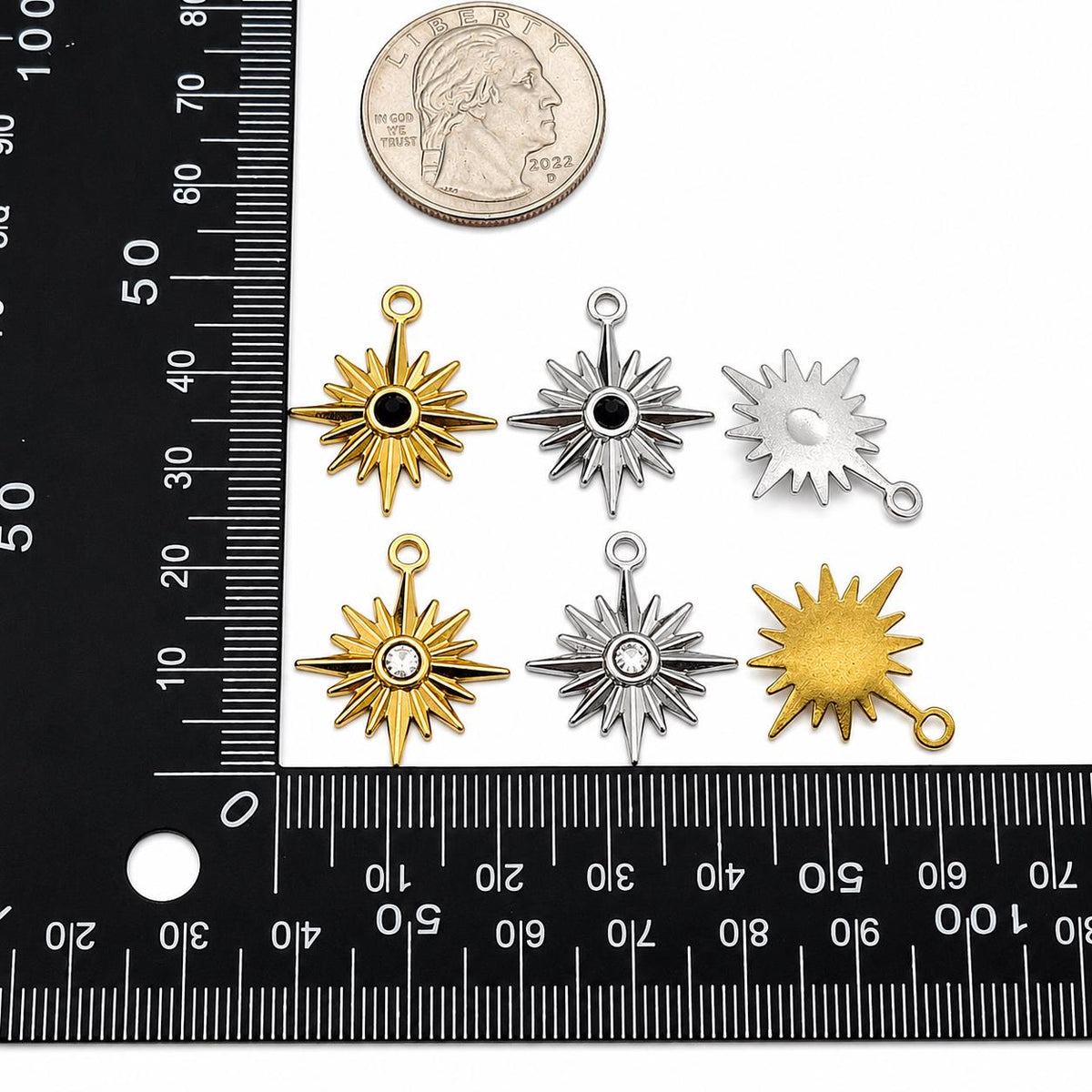 Stainless steel sunburst pendant charms sold in 5 pieces per bag for jewelry making