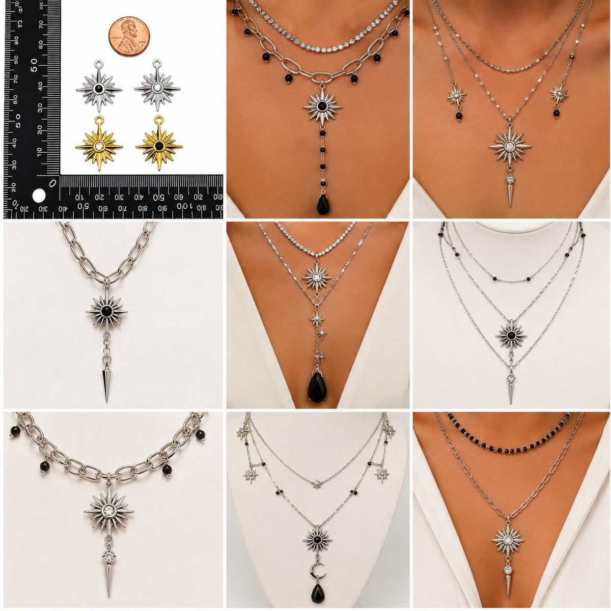 Silver starburst charm with black crystal center for celestial jewelry and DIY accessories
