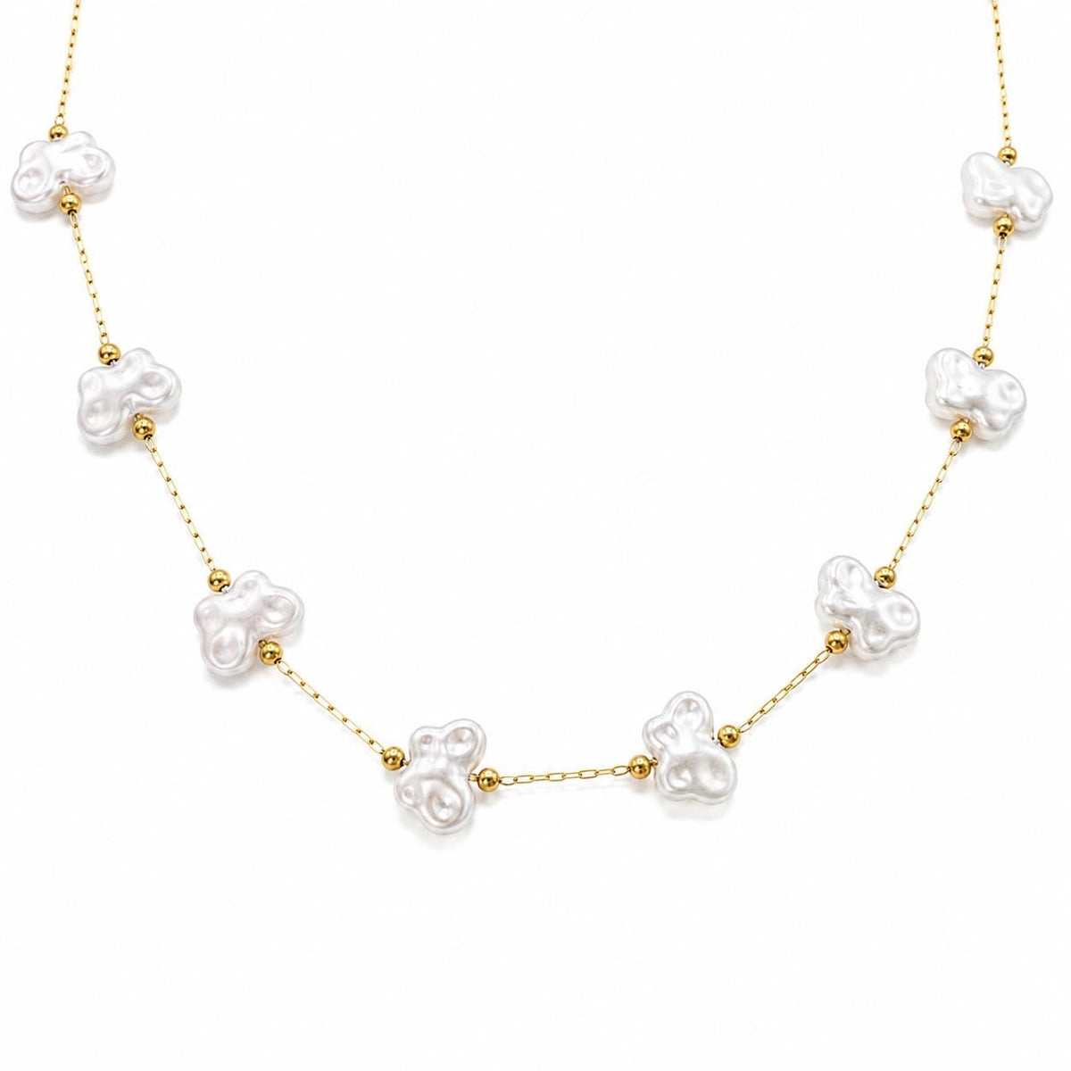 Gold stainless steel chain with white artificial pearl butterfly links displayed on a white background