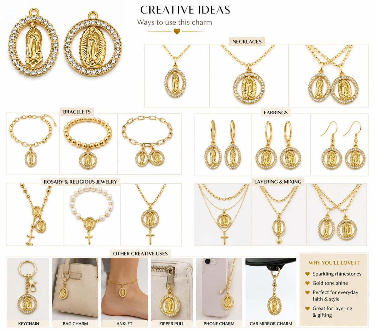 Virgin Mary Charms Gold Stainless Steel Rhinestone Religious Pendants, Guadalupe Medal for Rosary Jewelry Making