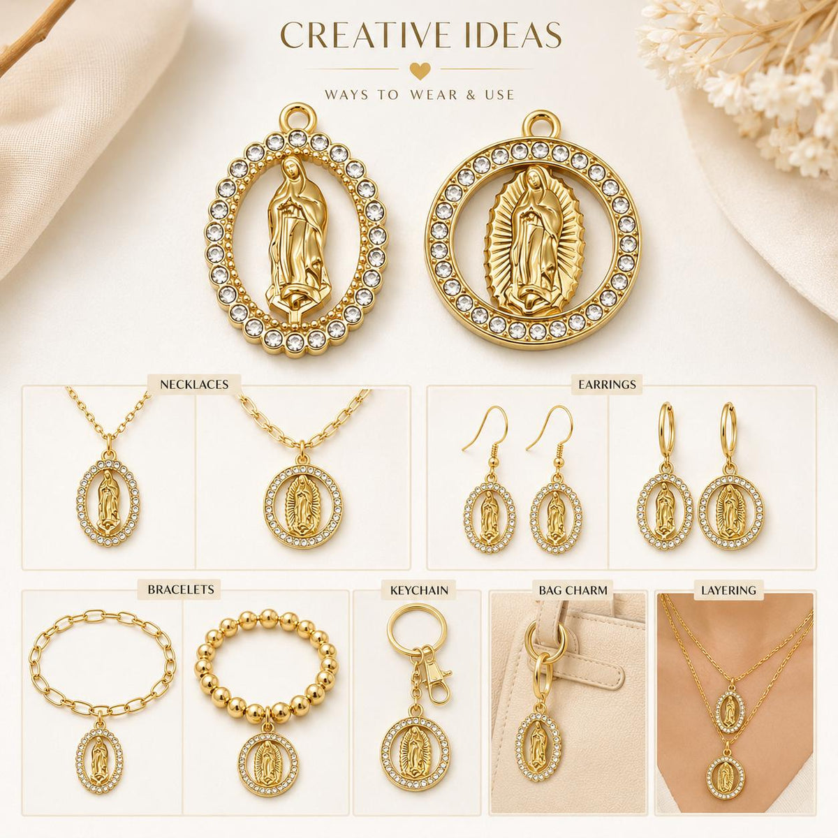 Virgin Mary Charms Gold Stainless Steel Rhinestone Religious Pendants, Guadalupe Medal for Rosary Jewelry Making