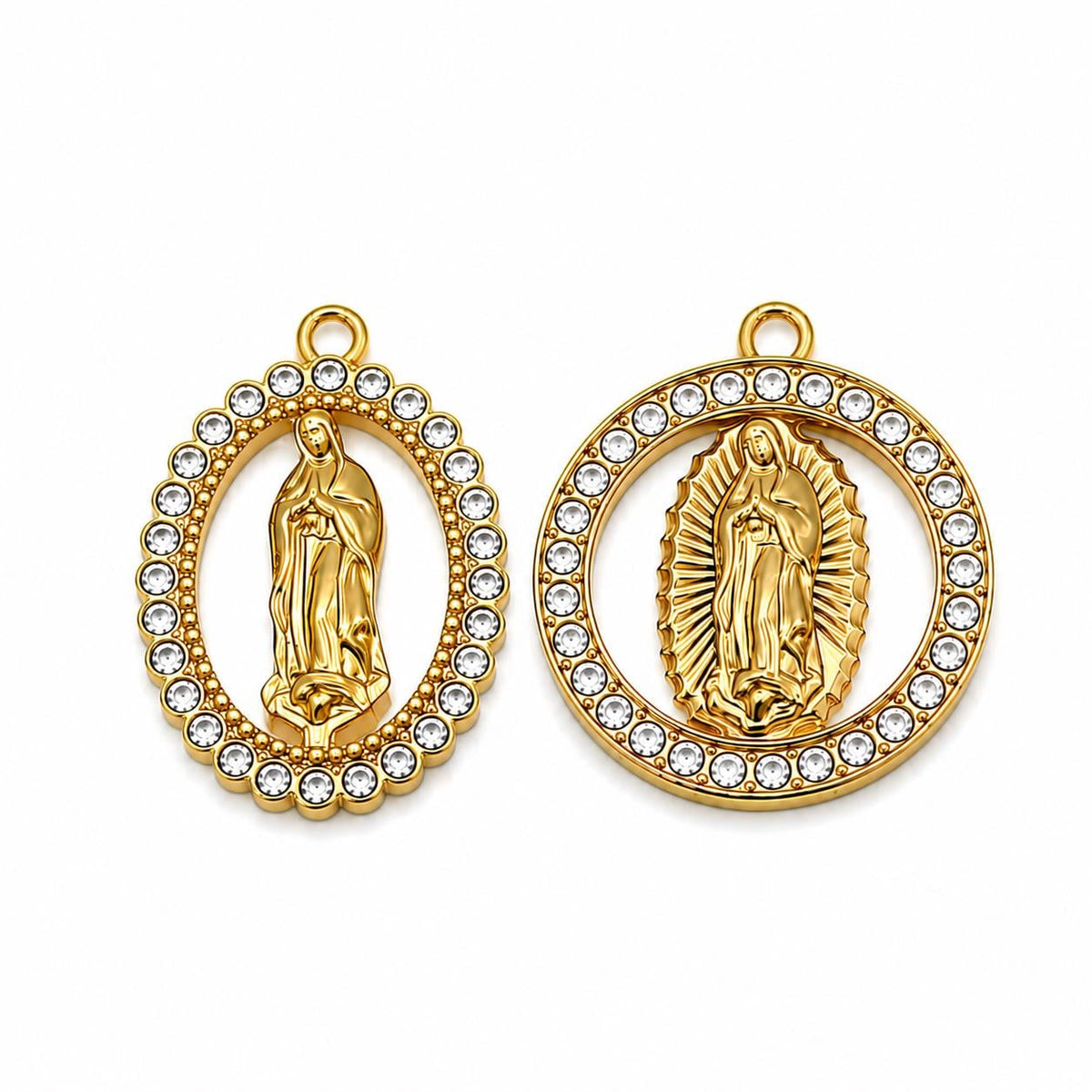 Virgin Mary Charms Gold Stainless Steel Rhinestone Religious Pendants, Guadalupe Medal for Rosary Jewelry Making