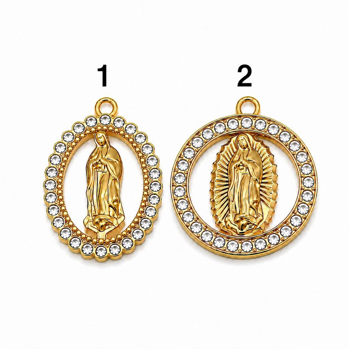 Virgin Mary Charms Gold Stainless Steel Rhinestone Religious Pendants, Guadalupe Medal for Rosary Jewelry Making