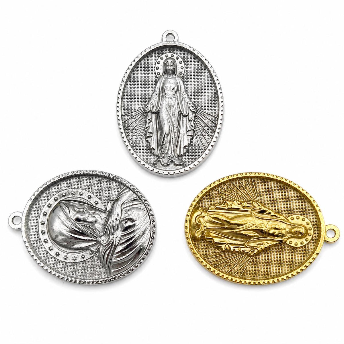 Stainless Steel Virgin Mary Medal Charms, Large Oval Religious Pendants in Gold or Silver Tone for Rosary and Jewelry Making