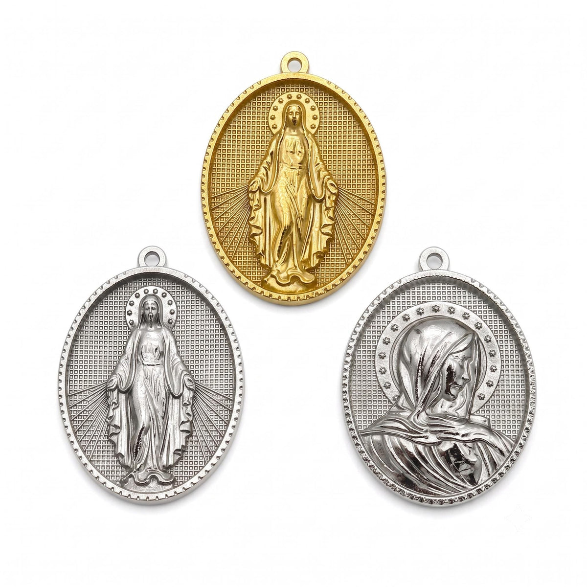 Stainless Steel Virgin Mary Medal Charms, Large Oval Religious Pendants in Gold or Silver Tone for Rosary and Jewelry Making