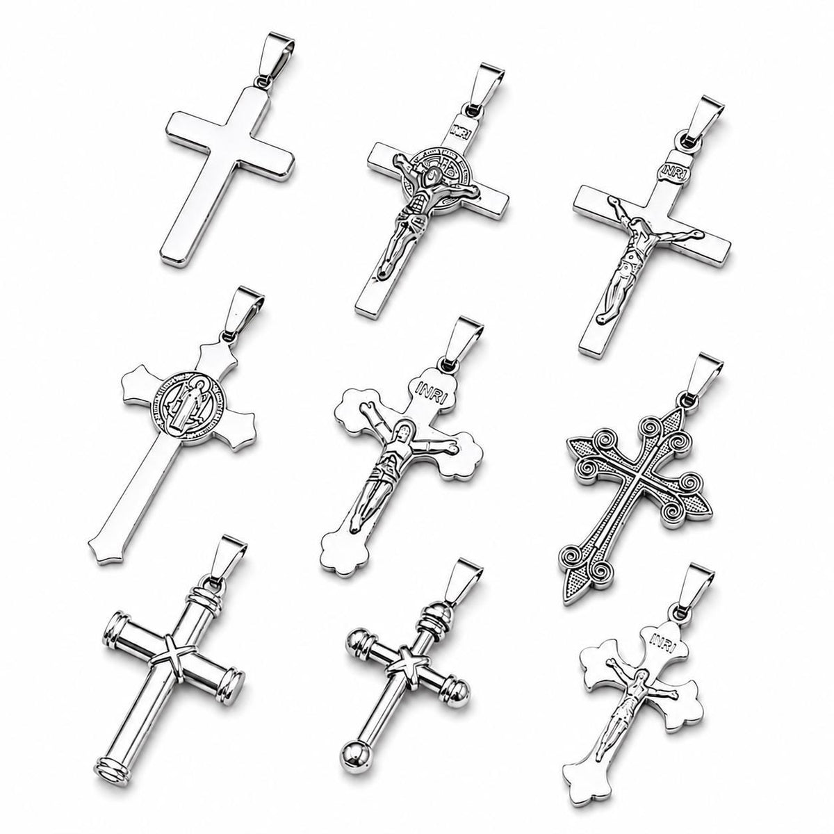 Silver Stainless Steel Cross and Crucifix Pendants, 6 or 18 Pieces, Rosary and Jewelry Making