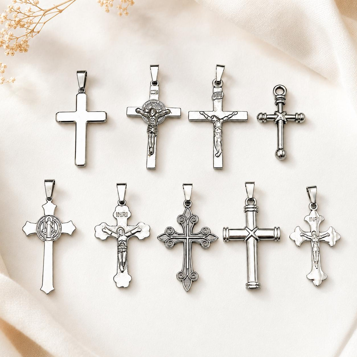 Silver Stainless Steel Cross and Crucifix Pendants, 6 or 18 Pieces, Rosary and Jewelry Making