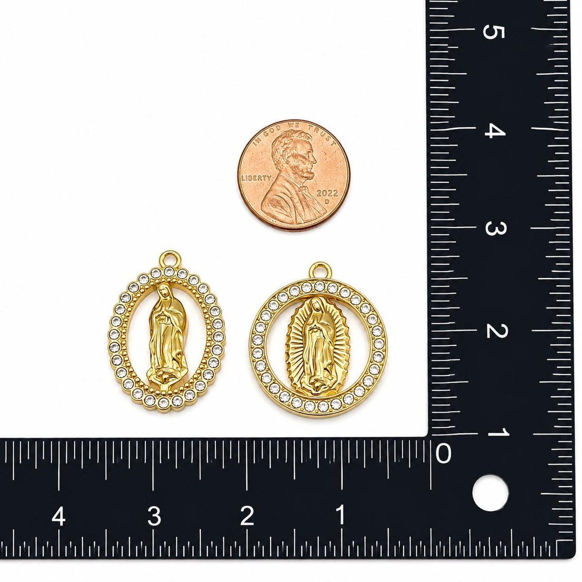 Virgin Mary Charms Gold Stainless Steel Rhinestone Religious Pendants, Guadalupe Medal for Rosary Jewelry Making