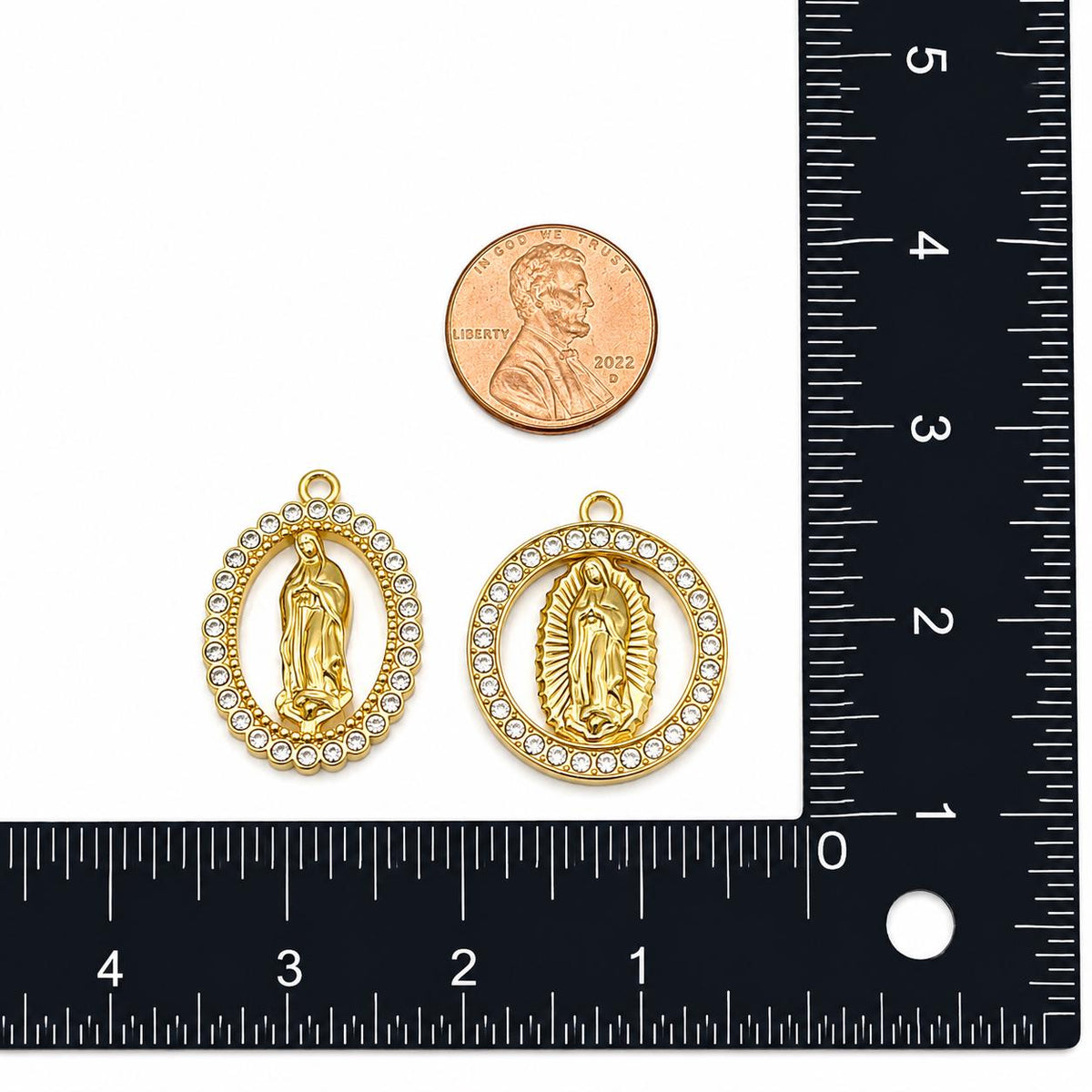 Virgin Mary Charms Gold Stainless Steel Rhinestone Religious Pendants, Guadalupe Medal for Rosary Jewelry Making