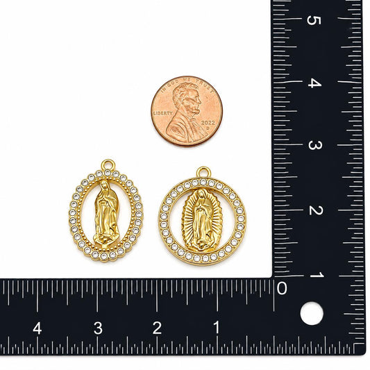 Virgin Mary Charms Gold Stainless Steel Rhinestone Religious Pendants, Guadalupe Medal for Rosary Jewelry Making