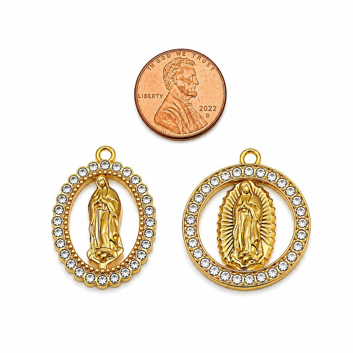 Virgin Mary Charms Gold Stainless Steel Rhinestone Religious Pendants, Guadalupe Medal for Rosary Jewelry Making
